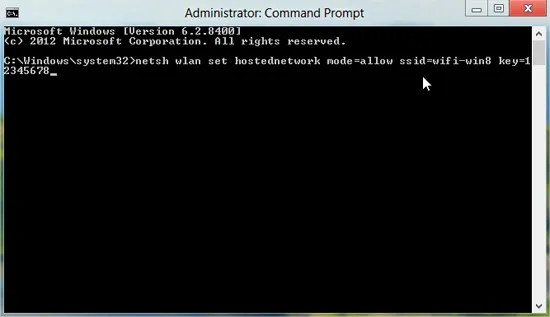 Hướng dẫn phát WiFi từ laptop: Trong Command Prompt, bạn nhập lệnh “netsh wlan set hostednetwork mode=allow ssid=wifi-win8 key=12345678”. 2-Phat-WiFi-tu-laptop-Win-8-Win-7.jpg