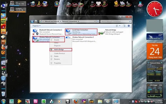 Hướng dẫn phát WiFi từ laptop: Giữ Ctrl và chọn cả Local Area Network và Wireless Network Center=> nhấp chuột phải và ấn Add to Bridge. A7,5-Phat-WiFi-tu-laptop-Win-8-Win-7.jpg