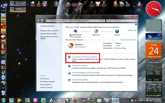 Hướng dẫn phát WiFi từ laptop: Chọn “Set up a new connection or network” (khung đỏ). A2-Phat-WiFi-tu-laptop-Win-8-Win-7.jpg