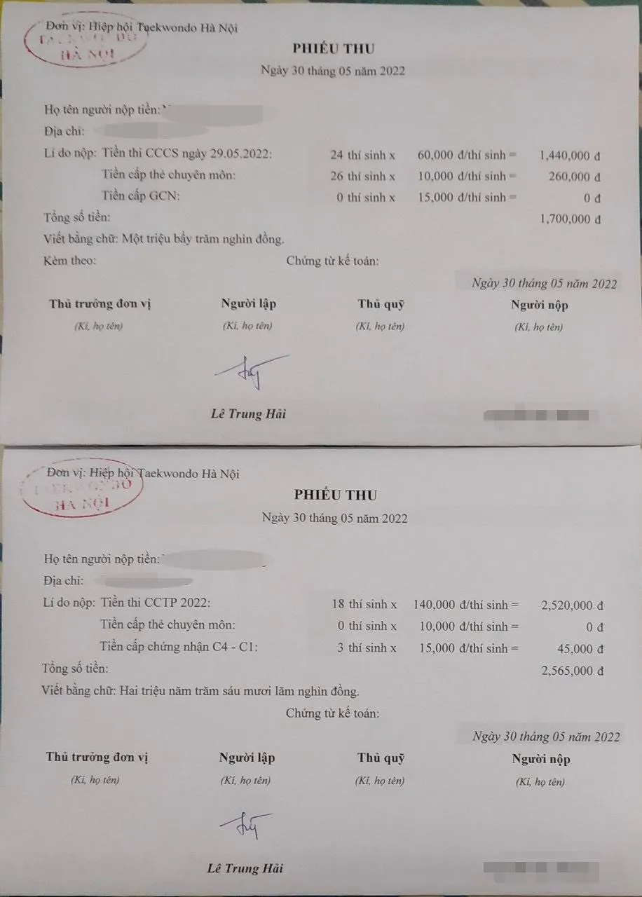 Phiếu thu tiền mà Hiệp hội Taekwondo Hà Nội thu từ Câu lạc bộ thành viên. Ảnh bạn đọc cung cấp