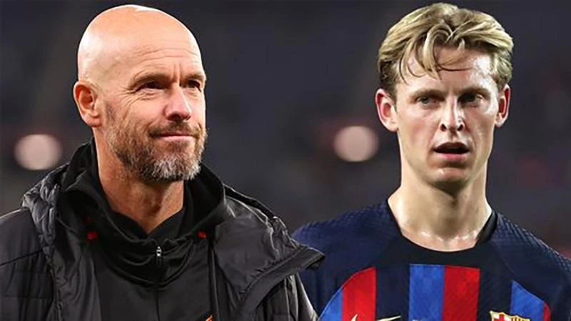 Ten Hag xem De Jong là mục tiêu hàng đầu gia cố trung tâm hàng tiền vệ MU chứ không phải Declan Rice. ẢNH: MIRROR