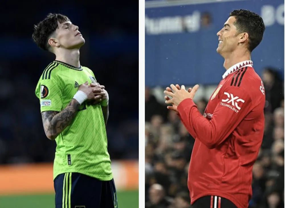 Garnacho ăn mừng bàn thắng đầu tiên trong màu áo MU theo phong cách của Ronaldo. ẢNH: GETTY