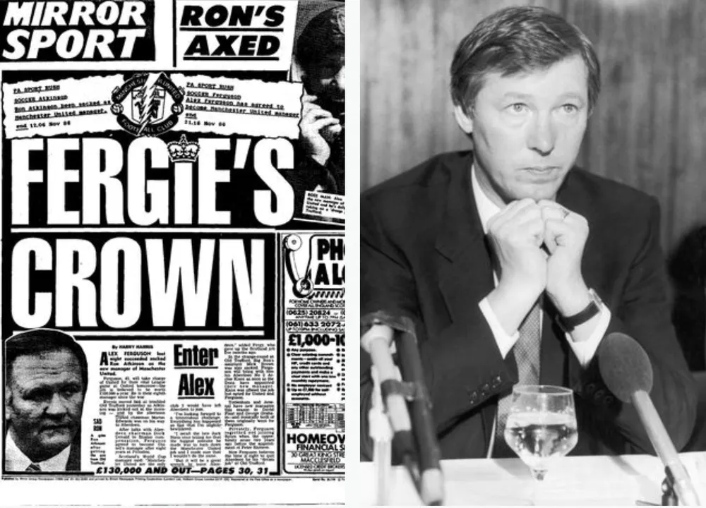 Tư liệu MU xác nhận bổ nhiệm Sir Alex Ferguson (ảnh trái) và cuộc họp báo đầu tiên của Sir Alex với tư cách HLV MU (ảnh phải). ẢNH: MIRROR