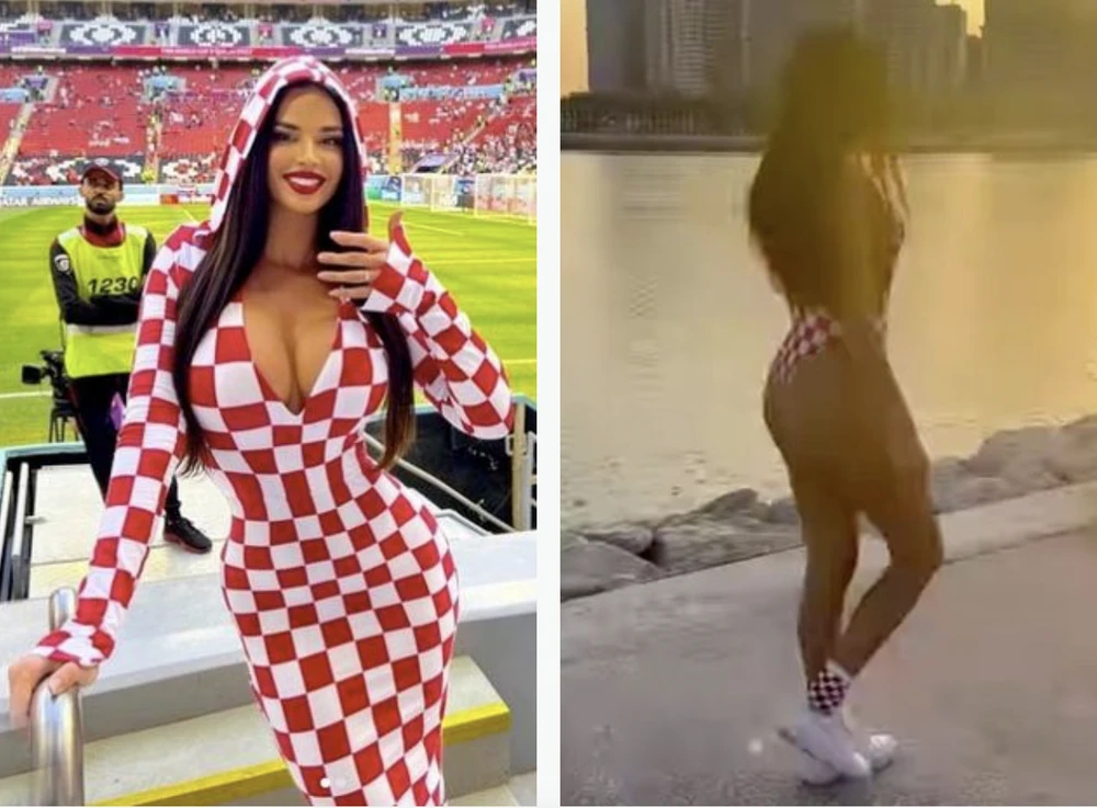 Ivana Knoll khiến người Qatar phẫn nộ với 2 bức ảnh thiếu vải này, một trong sân vận động và 1 trên đường phố Qatar. ẢNH: INSTAGRAM