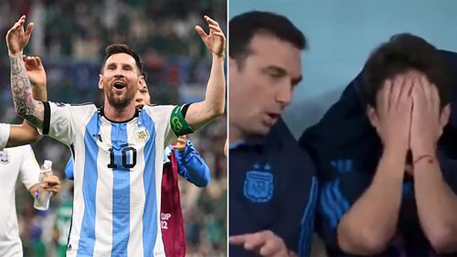 Khoảnh khắc Messi ghi bàn trên sân, Paolo Aimar bật khóc trong khu vực kỹ thuật Argentina. ẢNH: MIRROR