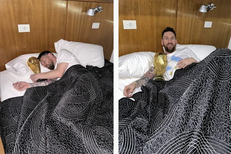 Messi đăng hình ảnh anh ngủ với chiếc cúp vô địch World Cup 2022. ẢNH: INSTAGRAM MESSI