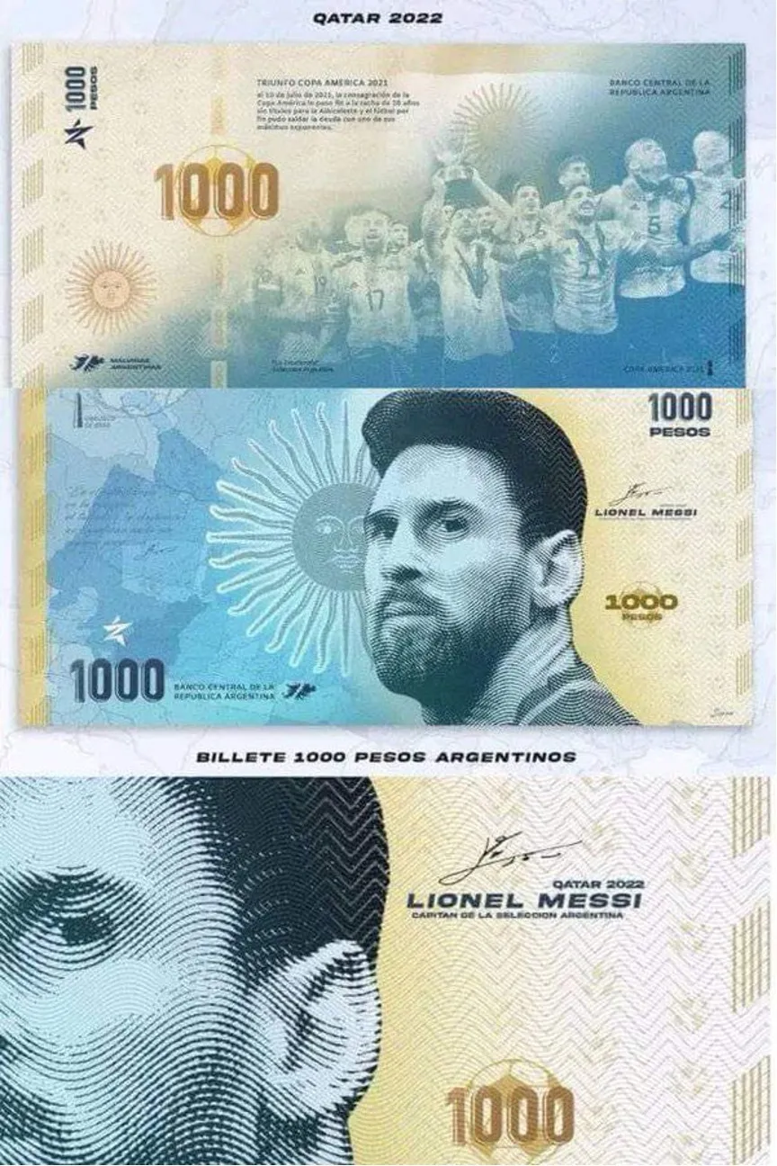 Hình ảnh dự kiến của tờ 1.000 peso có hình Lionel Messi của Argentina. ẢNH: SUN SPORTS