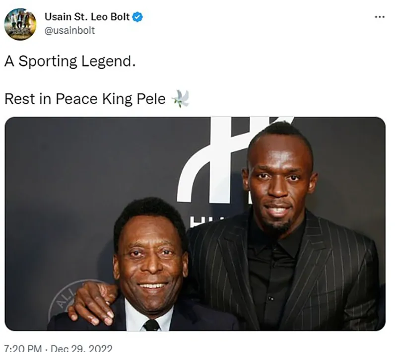 Usain Bolt gọi Pele là huyền thoại và là nhà vua. Usain Bolt gọi Pele là huyền thoại và là nhà vua.