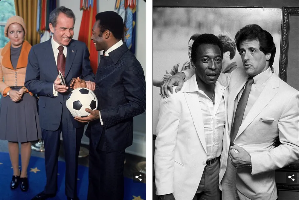 Pele gặp Tổng thống Richard Nixon (trái) vào năm 1974 và ngôi sao Hollywood Sylvester Stallone (phải). ẢNH: GETTY