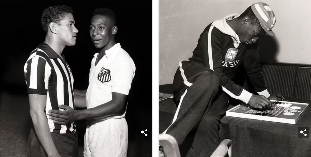 Pele với Garrincha, cầu thủ được cho là vĩ đại chỉ sau Pele ở Brazil vào năm 1959 (trái) và Pele chơi board game (phải).