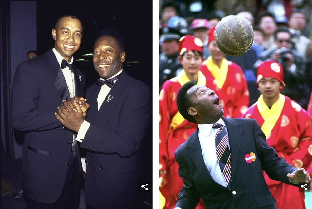 Cầu thủ vĩ đại nhất của môn golf gặp cầu thủ vĩ đại nhất của bóng đá khi Tiger Woods và Pele chụp ảnh cùng nhau tại Lễ trao giải Thể thao Thế kỷ 20 (trái); Pele thể hiện kỹ năng của mình với một nhóm cầu thủ Cuju tại Vạn Lý Trường Thành vào tháng 3-2002 ở Trung Quốc (phải). Đây là một môn thi đấu cổ xưa được chơi bằng quả bóng da. ẢNH: GETTY