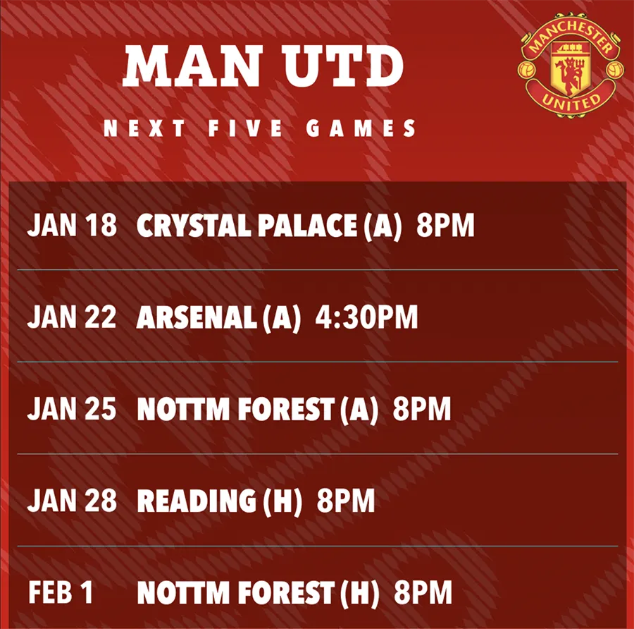 Lịch thi đấu (giờ Anh) 5 trận sắp tới của MU. ẢNH: SUN SPORTS
