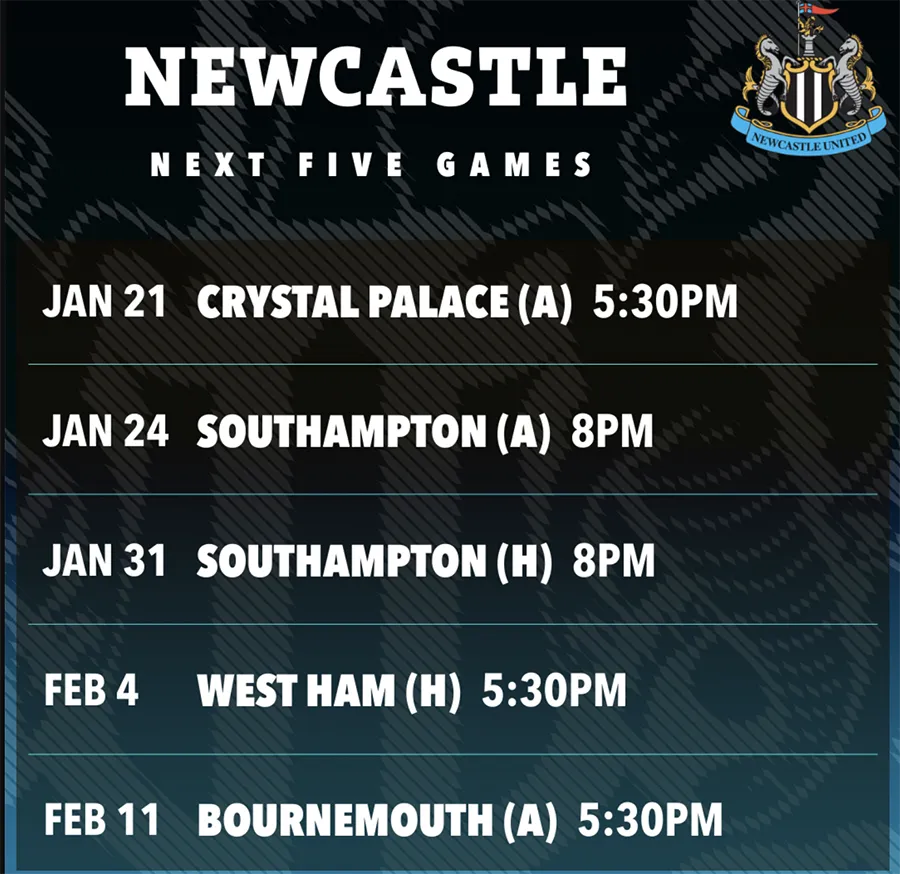 Lịch thi đấu (giờ Anh) 5 trận sắp tới của Newcastle. ẢNH: SUN SPORTS