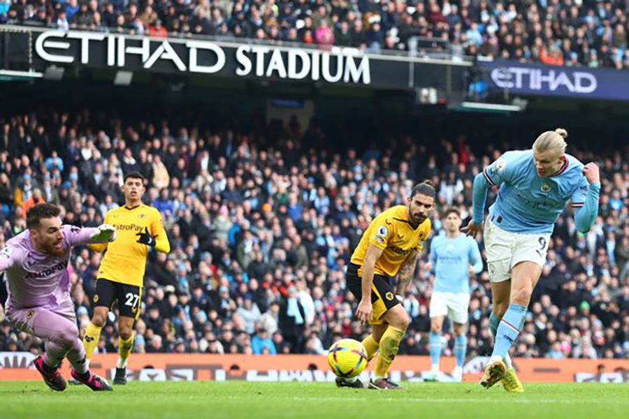 Erling Haaland hoàn thành cú hat-trick trong trận Man City thắng Wolves 3-0 ở Premier League. ẢNH: GETTY