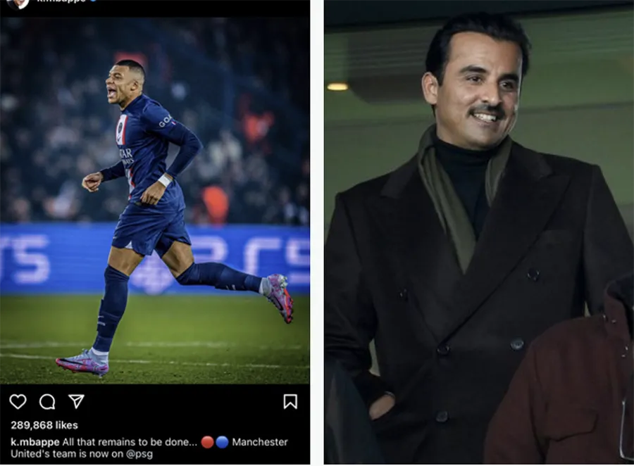 Mbappe đăng thông điệp bí ẩn giữa lúc giới chủ người Qatar của PSG đang muốn mua lại MU. ẢNH: INSTAGRAM, GETTY