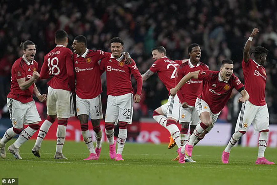 MU vừa hạ Brighton đầy kịch tính sau loạt sút luân lưu ở bán kết FA Cup để gặp Man City trong trận chung kết. ẢNH: AP