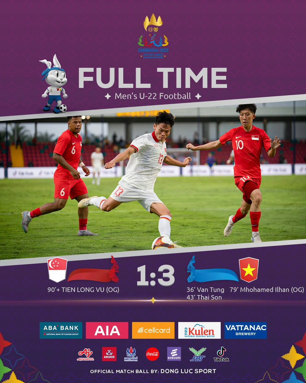 U-22 Việt Nam thắng Singapore 3-1. ẢNH: BTC SEA GAMES 32