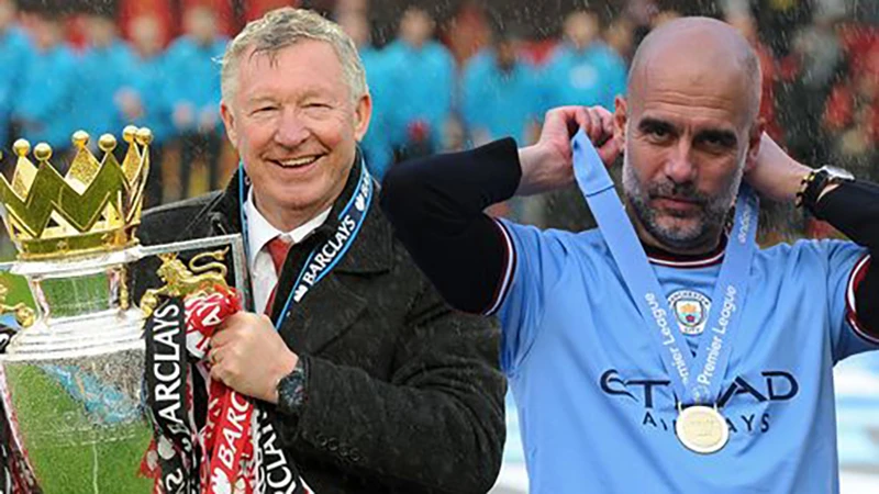 Sir Alex Ferguson có 13 danh hiệu Premier League, còn Pep Guardiola mới có 5. ẢNH: MIRROR