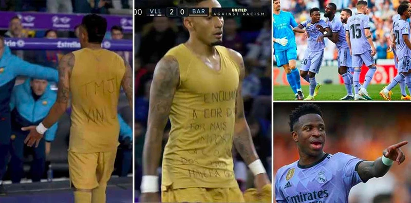 Raphinha cởi áo lộ thông điệp ủng hộ người đồng hương Vinicius trong cuộc chiến chống nạn phân biệt chủng tộc. ẢNH: MIRROR