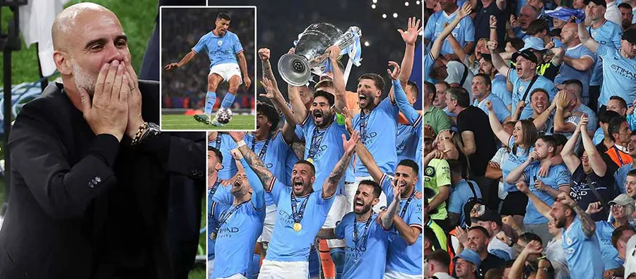 Pep Guardiola giúp Man City hoàn tất cú ăn ba lịch sử. ẢNH: DAILY STAR