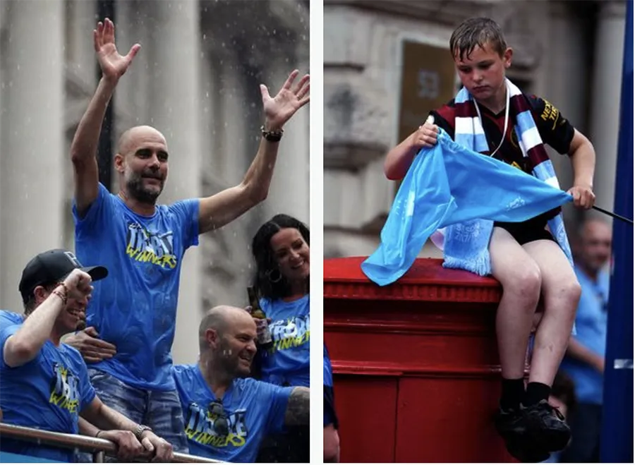 Pep Guardiola đã khiến các fan nhí Man City ngây ngất với thành tích ăn ba. ẢNH: PA