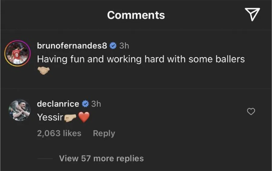 Màn tương tác vui vẻ giữa Declan Rice và Bruno Fernandes trên mạng xã hội. ẢNH: INSTAGRAM Màn tương tác vui vẻ giữa Declan Rice và Bruno Fernandes trên mạng xã hội. ẢNH: INSTAGRAM