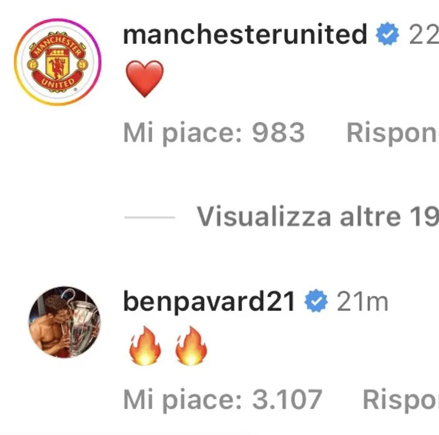 Pavard bình luận bằng 2 biểu tượng ngọn lửa trong bài đăng của Varane. ẢNH: SUN SPORTS