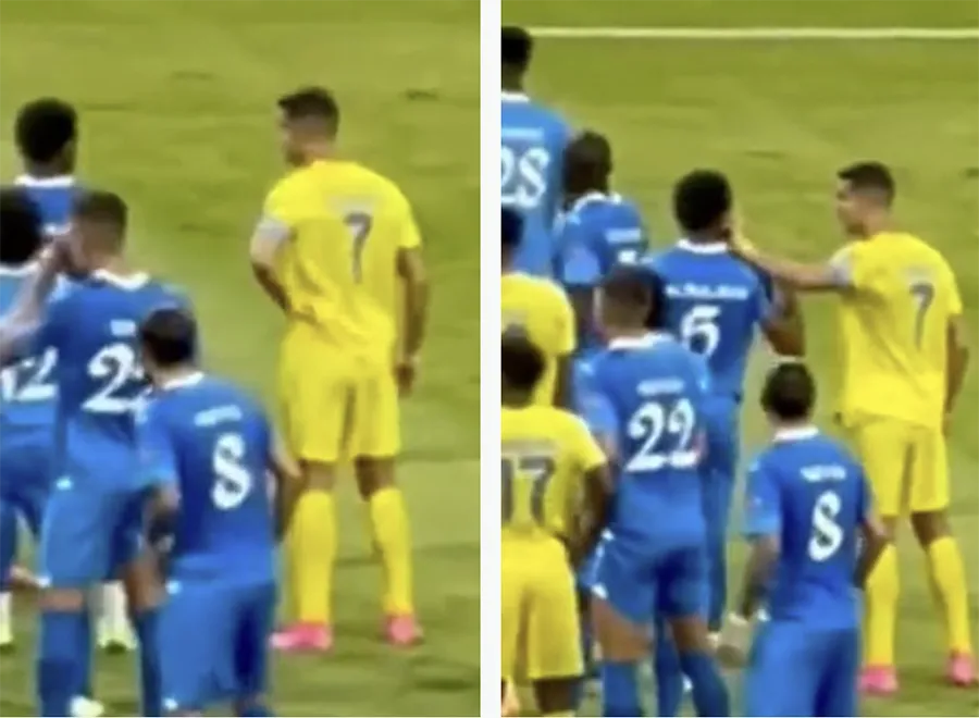 Ronaldo dụi mồ hôi vào mặt đối thủ. ẢNH: MIRROR Ronaldo dụi mồ hôi vào mặt đối thủ. ẢNH: MIRROR