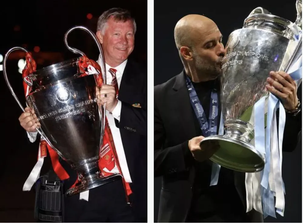 Sir Alex Ferguson và Pep Guardiola cùng giành cú ăn ba lịch sử với 2 đội bóng thành Manchester. ẢNH: GETTY sir-alex-ferguson-pep-guardiola.png