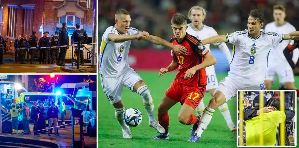 Trận Bỉ và Thụy Điển tại vòng loại Euro 2024 bị hủy vì khủng bố. ẢNH: MIRROR khung bo, euro 2024