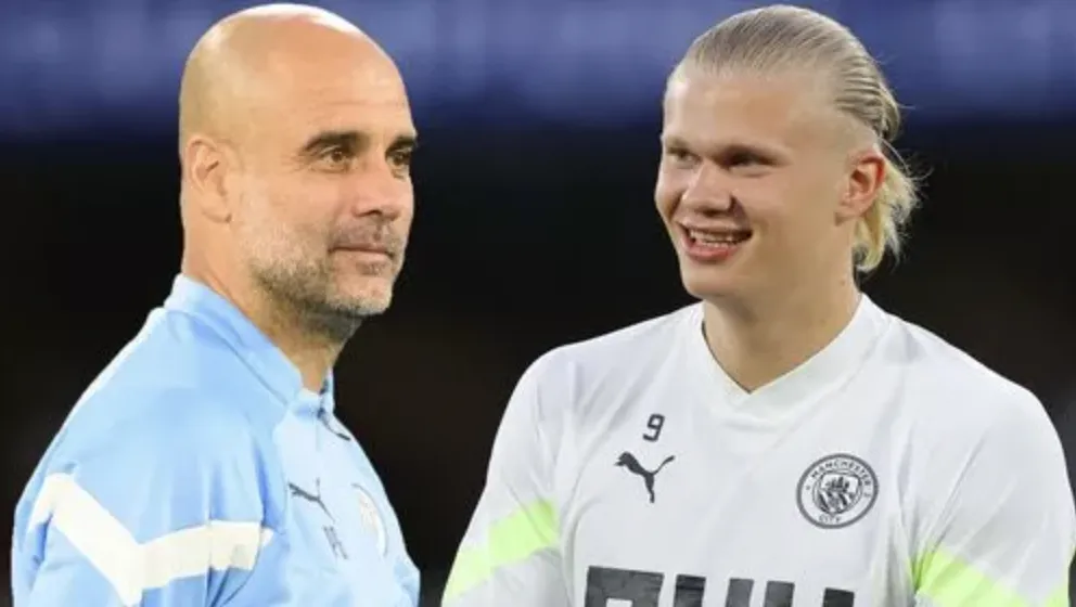 Pep Guardiola "ràng buộc tương lai với nhau" trong bản hợp đồng của cả hai với Man City. ẢNH: MIRROR man city, haaland, pep guardiola