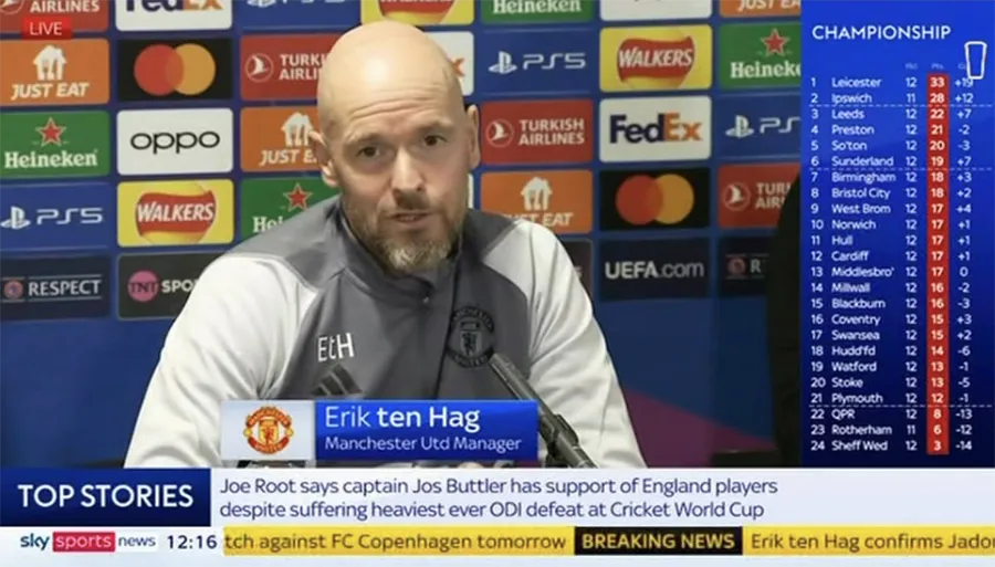 Truyền thông đưa tin nhầm lẫn khi nói: "Erik ten Hag xác nhận sự trở lại của Jason Sancho". ẢNH: SKY SPORTS ten hag, manchester united, champions league