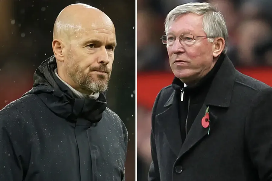 Ten Hag vẫn chưa thể đem lại vinh quang xưa trở lại MU như thời Sir Alex Ferguson. ẢNH: SUN SPORTS manchester-united-ten-hag-sir-alex-ferguson.png