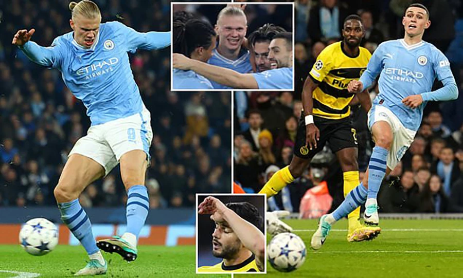 Haland lập cú đúp góp phần vào chiến thắng 3-0 của Man City trước Young Boys tại Champions League. ẢNH: DAILY MAIL man-city-erling-haaland.jpg