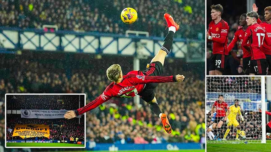 Cú 'ngả bàn đẹp' ghi siêu phẩm của Garnacho là điểm nhấn lớn nhất trong trận Manchester United thắng Everton 3-0. ẢNH: MIRROR