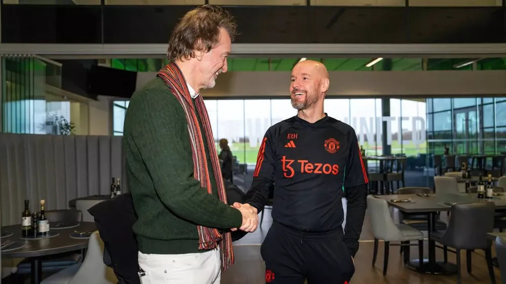 Ten Hag và Sir Jim Ratcliffe có cùng mục tiêu đưa MU lọt Top 4 Premier League mùa này. ẢNH: GETTY ten-hag-mu.jpg