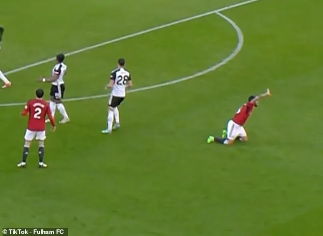 Bruno Fernandes ngã ra sân đau đớn sau va chạm với Sasa Lukic. ẢNH: TIKTOK FULHAM Bruno Fernandes