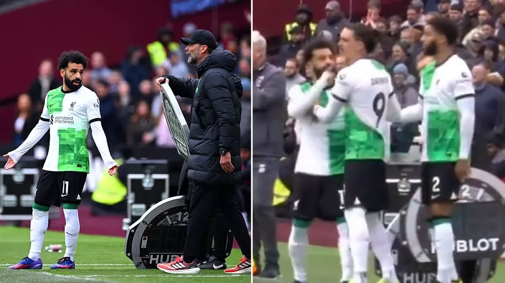 Klopp và Salah tranh cãi dữ dội ngay trên sân. ẢNH: MIRROR SALAH-KLOPP-LIVERPOOL.jpg