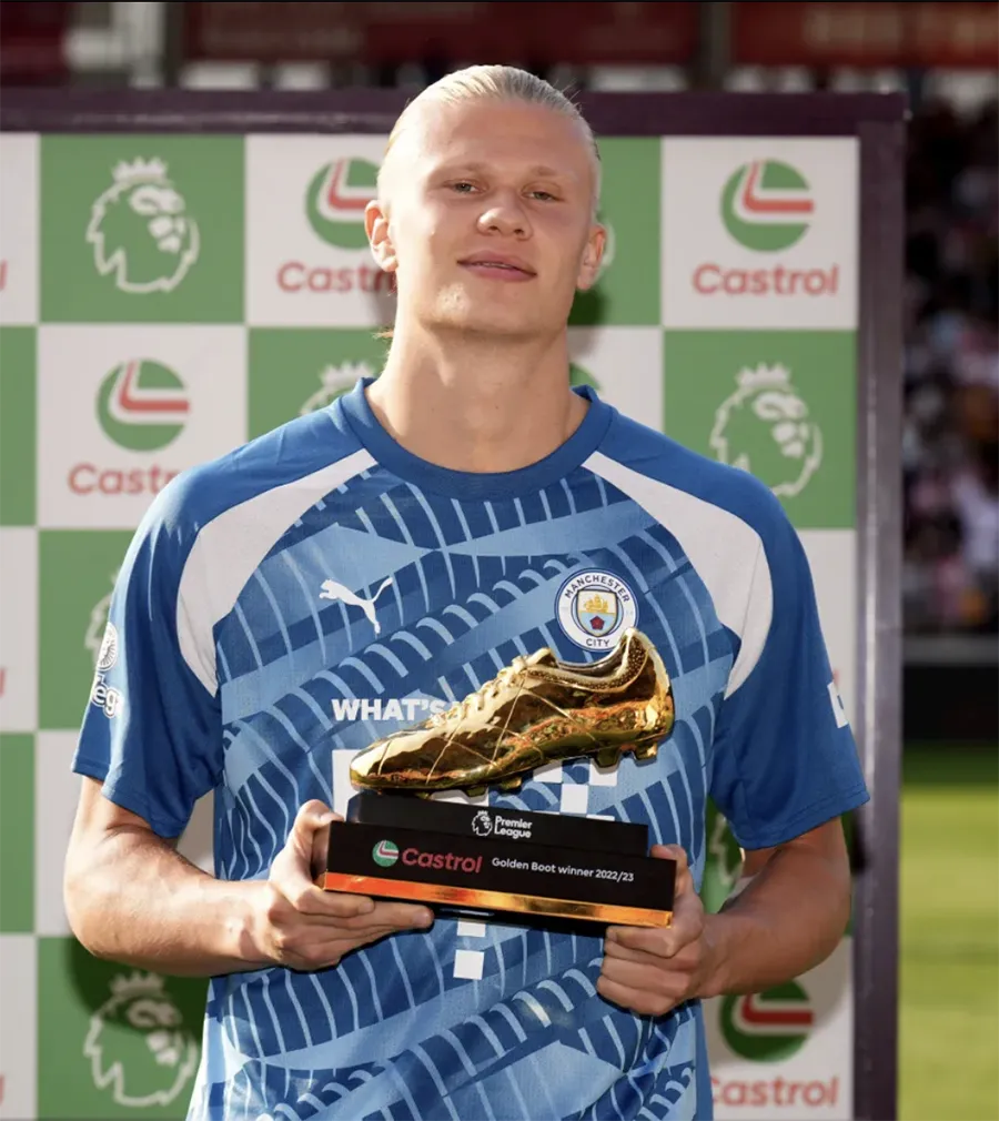 Erling Haaland nhận chiếc giày vàng Premier League. ẢNH: PA haaland-man-city.png