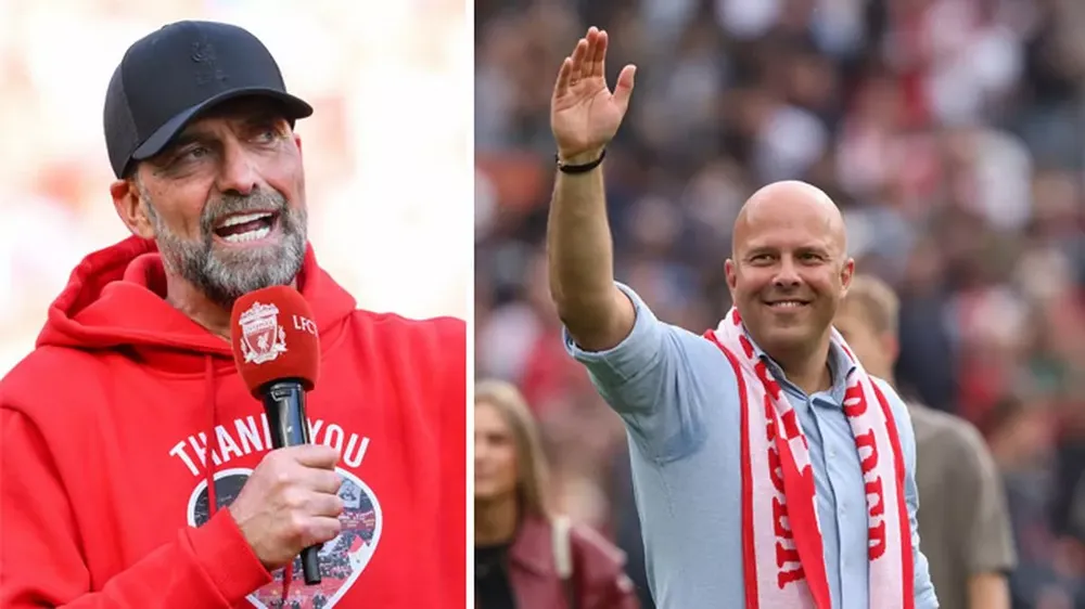 Arne Slot chính thức thay thế Jurgen Klopp dẫn dắt Liverpool. ẢNH: MIRROR liverpool-klopp-slot.jpg