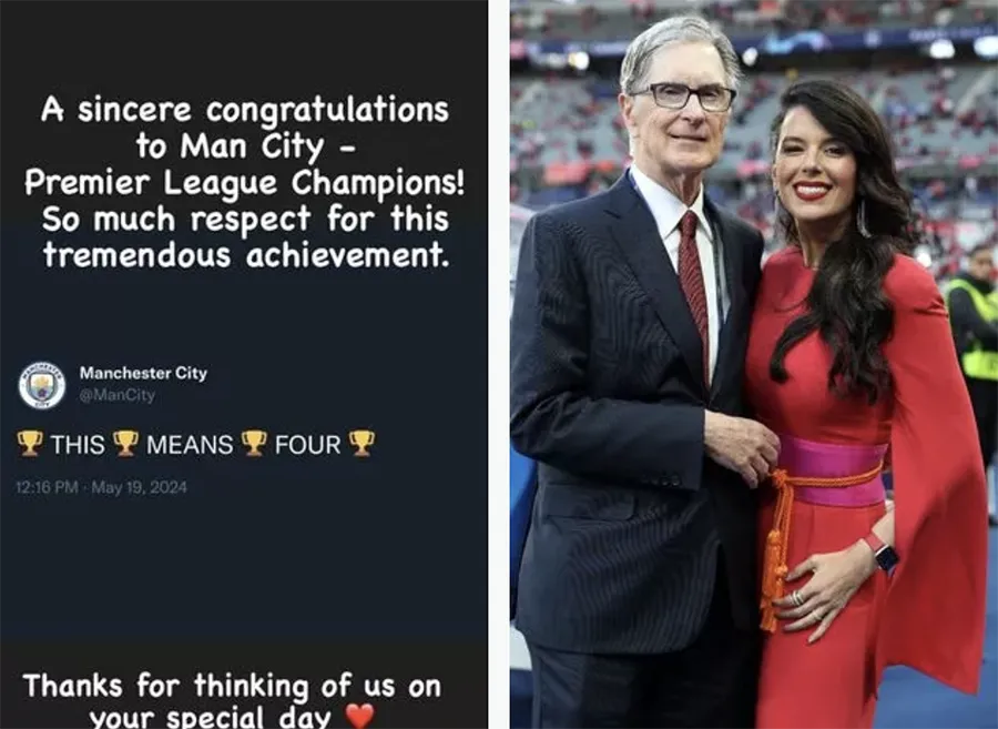 Vợ của ông chủ Liverpool phản pháo bài đăng trên mạng xã hội của Man City. ẢNH: MIRROR liverpool-man-city.png
