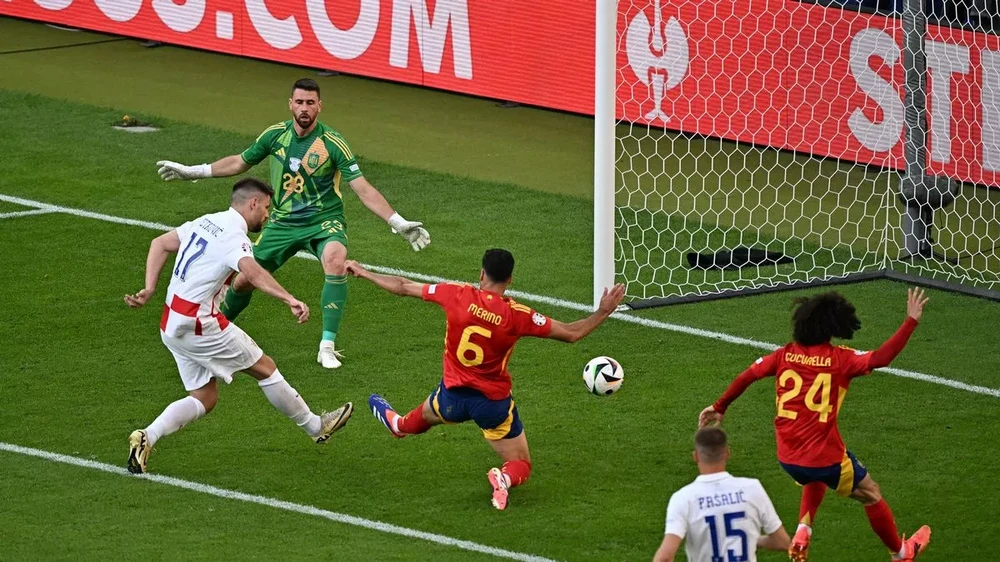 Petkovic ghi bàn vào lưới Tây Ban Nha nhưng không được công nhận. ẢNH: GETTY Tây Ban Nha, euro 2024, croatia
