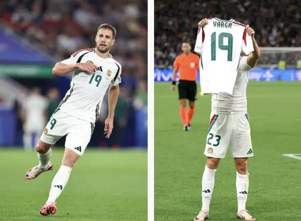 Các cầu thủ Hungary dành tặng bàn thắng cho Varga. ẢNH: MIRROR euro-2024.png