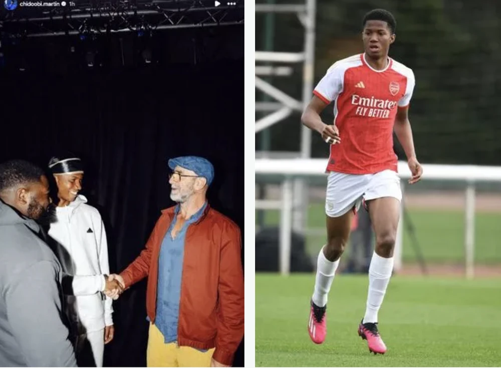 Chido Obi-Martin bắt tay với huyền thoại MU Eric Cantona sau khi rời Arsenal. ẢNH: MIRROR mu-Chido-Obi-Martin-cantona.png