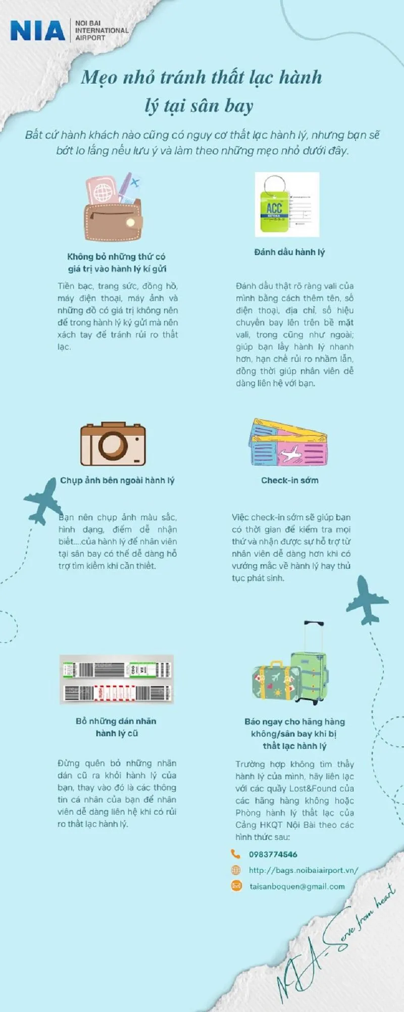 Sân bay Nội Bài lưu ý sáu mẹo nhỏ để tránh thất lạc hành lý tại sân bay. Ảnh: NIA Sân bay Nội Bài lưu ý sáu mẹo nhỏ để tránh thất lạc hành lý tại sân bay. Ảnh: NIA