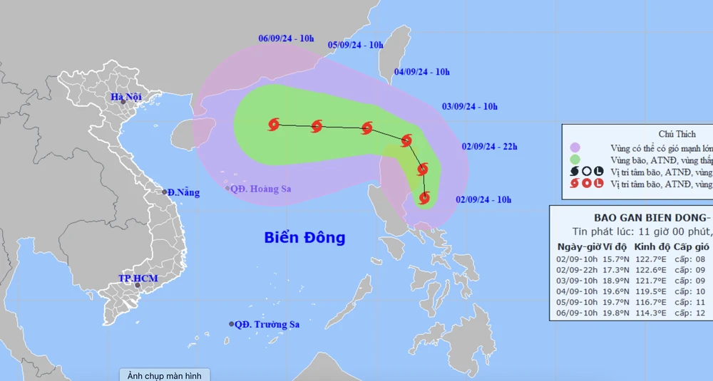 Dự báo vị trí và đường đi của cơn bão YAGI. Ảnh: KTTVQG