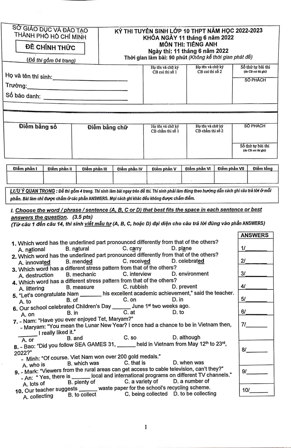 Đề thi môn tiếng Anh