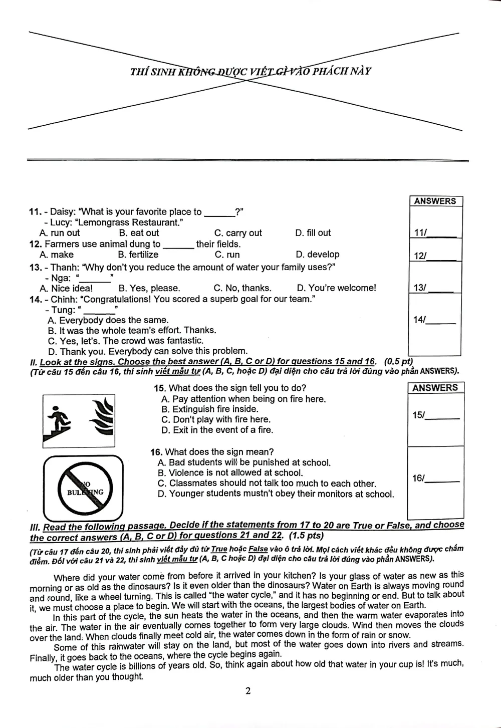 Đề thi môn tiếng Anh