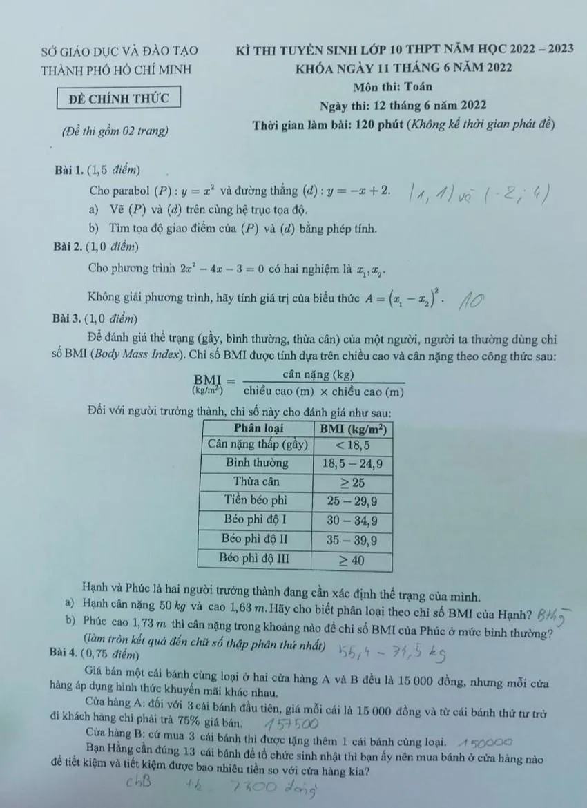 Đề thi môn Toán, kỳ thi tuyển sinh vào lớp 10 tại TP.HCM.
