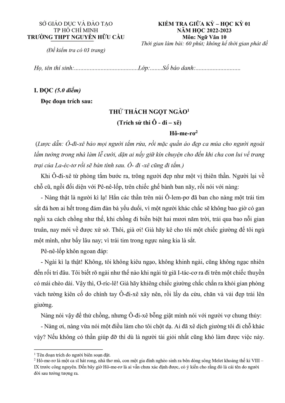 Đề kiểm tra môn Văn giữa kỳ của trường THPT Nguyễn Hữu Cầu, huyện Hóc Môn. Ảnh: NGUYỄN QUYÊN
